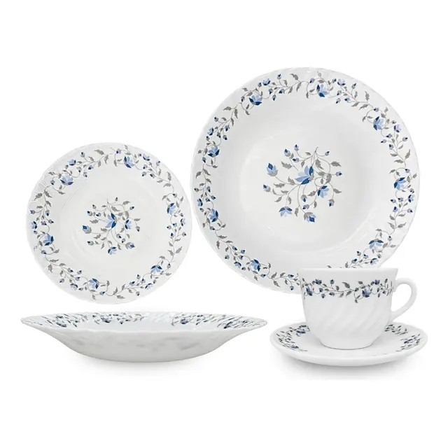 Aparelho De Jantar 20 Peças Vidro Opaline Para Mesa Posta Branco Floral