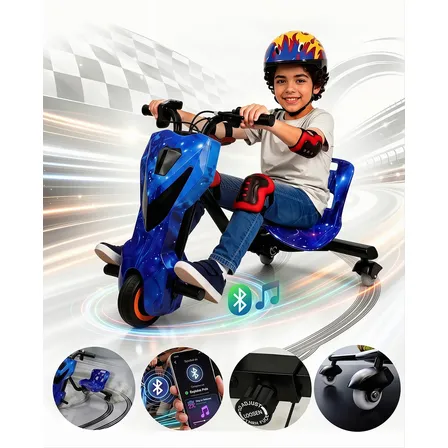 Patinete Eletrico Drift Grande Triciclo Infantil 350w 80kg Azul Galáxia