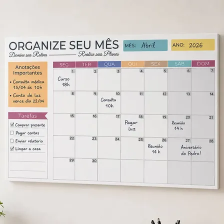 Quadro Planejamento Mensal Planer De Parede 70x50 Cm Em Aço Branco