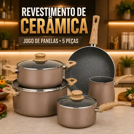 Jogo De Panelas 5 Peças Antiaderente Cerâmica Indução Gás Marrom-escuro
