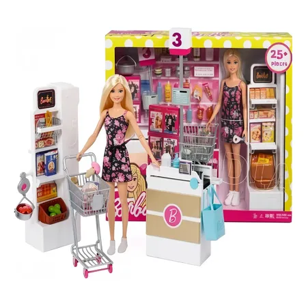 Barbie Playset Supermercado Luxo Mattel Boneca 25 Acessórios