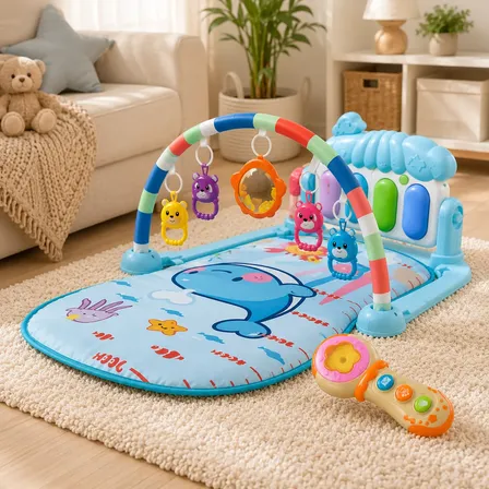 Kit Tapete Atividades Bebê Musical + Mini Microfone Infantil Azul