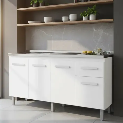 Balcão Cozinha Gabinete De Pia 1,40m Camile Sem Tampo Branco Branco