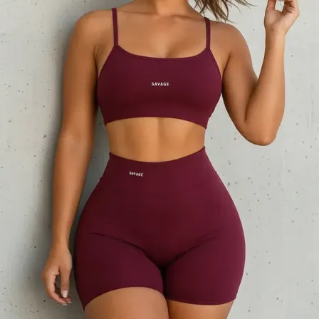 Conjunto Fitness Virginia Top Shorts Meia Coxa Cintura Alta Bordô Liso G (42-44)