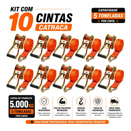 Kit 10 Catraca + 10 Cinta Amarração 5 Ton 9 Metros Rabicho J Laranja-claro