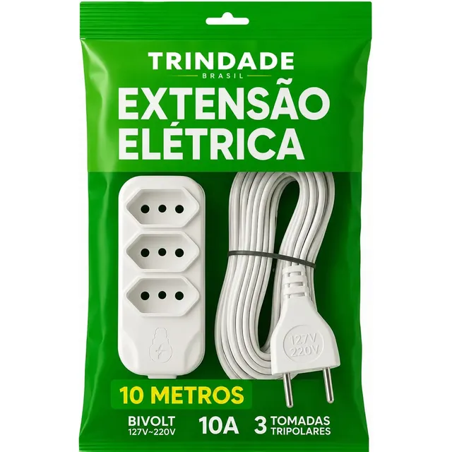 Extensão Elétrica 10 Metros Bivolt 3 Tomadas Reforçada Branc