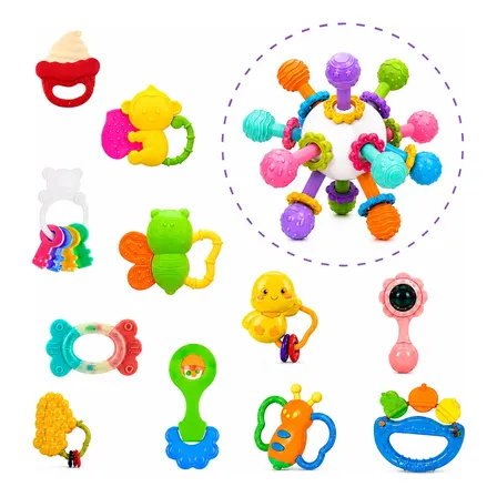Kit Chocalho + Mordedor Brinquedo Montessori 7pçs Colorido