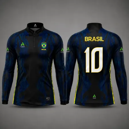 Camisa Camiseta Manga Longa Azul Símbolo Do Brasil Azul Ex