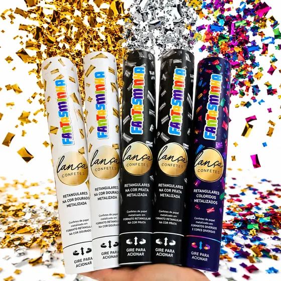 Kit 5 Lança Confetes Metalizado Dourado Prata Colorido 30cm