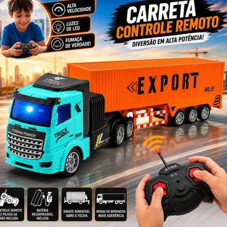 Caminhão Controle Remoto Carreta Container Recarregável Verde E Laranja