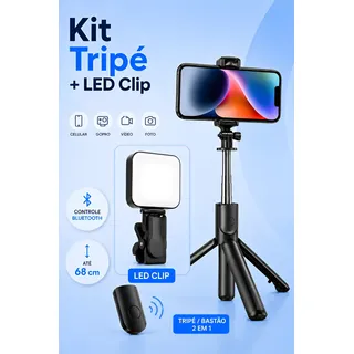 Kit Tripé Celular Bastão Selfie Luz Preenchimento Flash Led Preto