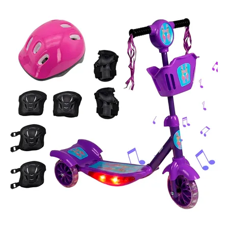Patinete Infantil 3 Rodas Luz Led Som Cestinha Kit Protecao