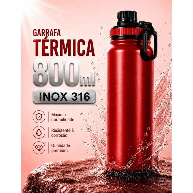 Garrafa Térmica 800ml Água Azarte Inox Academia Com Alça