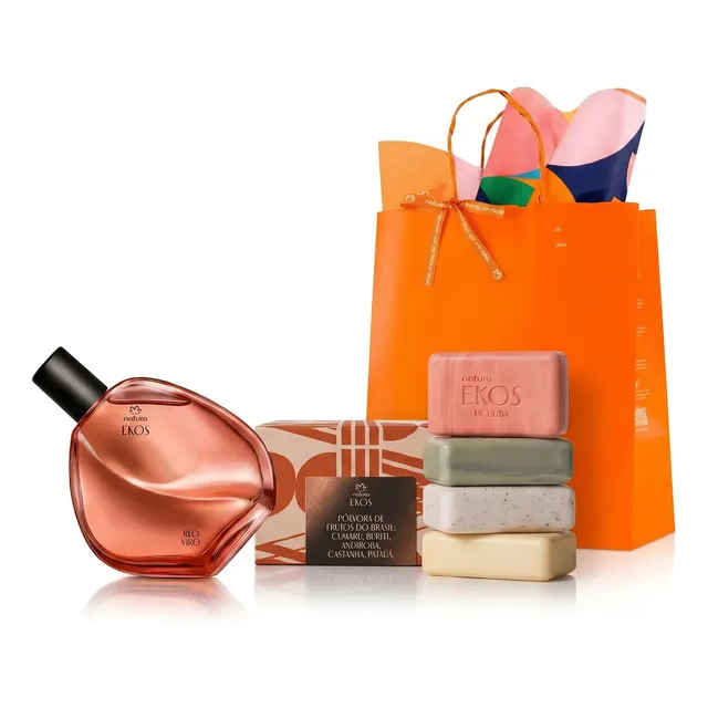 Kit Presente Ekos: Deo Colônia Ryo Vivo 75ml + Caixa Com 4 Sabonetes Vegetais Cremosos 100g + Sacola De Presente P