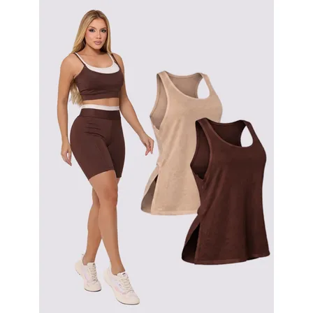 Kit Conjunto Cropped + Bermuda C/ Bolso + Regata Fitness