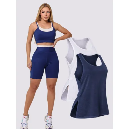 Kit Conjunto Cropped + Bermuda C/ Bolso + Regata Fitness Azul-marinho G