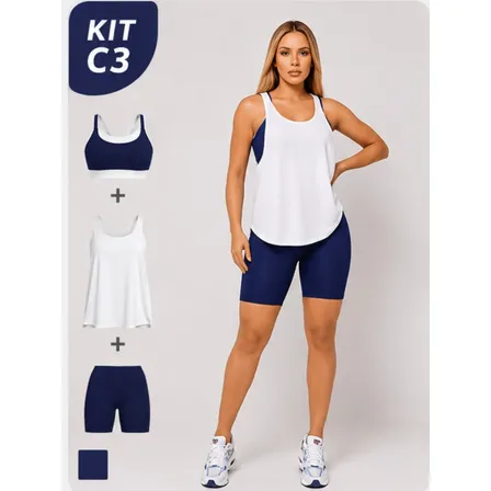 Kit Conjunto Bicolor Feminino Bermuda Top + Regata Academia Azul-marinho Gg