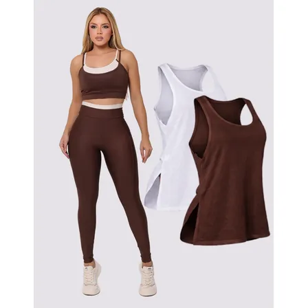 Conjunto Bicolor Blackout Legging C/ Bolso E Top + Regata