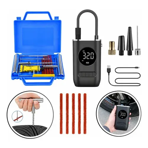 Mini Compressor Digital Portátil Pneu + Kit Reparo Maleta Preto 7.4v