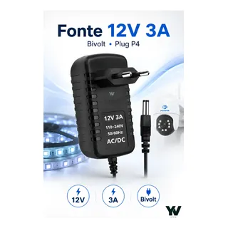 Fonte Alimentação 12v 3a Bivolt P4 Fita Led Câmera Cftv Dvr