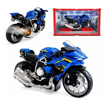 Miniatura Moto Esportiva Luz Som Fumaça Colecionável Azul