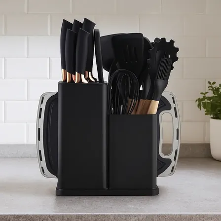 19 Peças Kit Utensilios Cozinha Tábua Em Silicone Espátula Preto