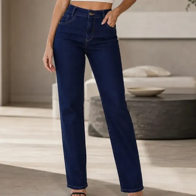 Calça Jeans Reta Feminina Elastano Cintura Alta Clássica