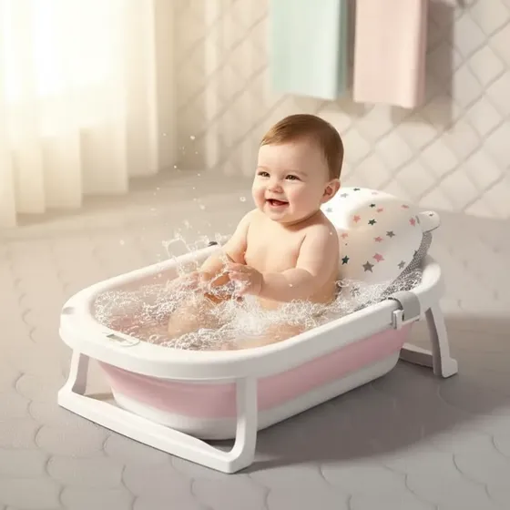 Banheira Bebe Dobrável Almofada E Termômetro Menino Menina