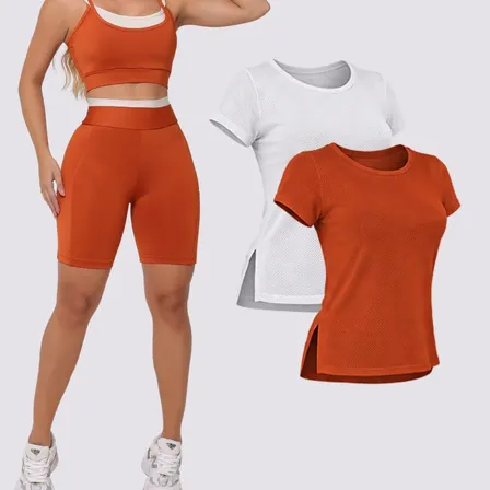 Conjunto Fitness 3 Pçs Top + Bermuda C/ Bolso Blusa Dry Fit Terracota Gg