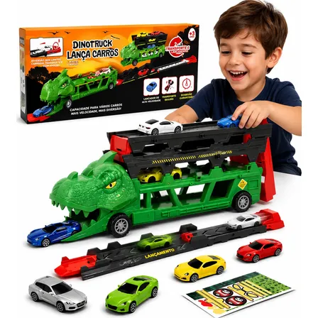 Lançador Pista Caminhão Cegonha Dinossauro Com Carrinhos