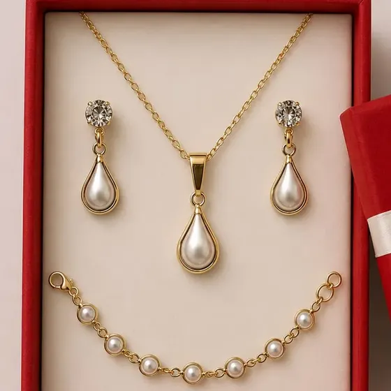 Colar Feminino Folheado A Ouro Com Pulseira Brincos E Caixa