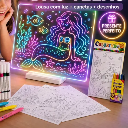 Kit Lousa Mágica Led Estojo Caneta Acrílica 36 Cores Desenho