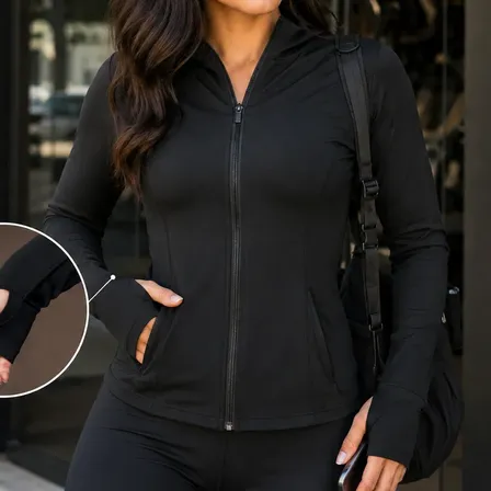 Jaqueta Dry Fitness Feminina Roupa Academia Bolso Capuz Leve
