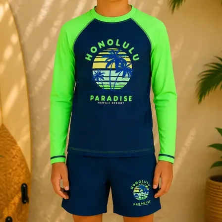 Conjunto Praia Menino Uv Camiseta Sunga Manga Longa Proteção Verde Coqueiro 10 Anos