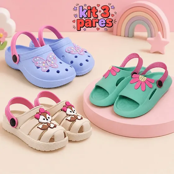 Kit 3 Pares Sandália Babuche Infantil Menina Anatômico Leve