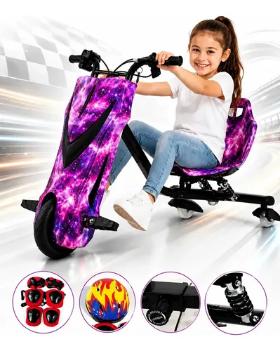 Triciclo Eletrico Drift Grande 350w 36v Suporta 90kg +brinde Rosa/roxo Estrelado