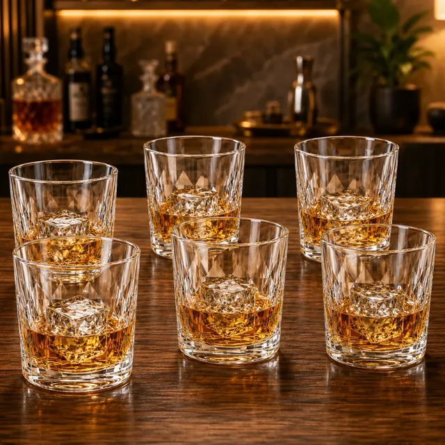 Jogo 6 Copos Whisky 300ml Vidro Drinks Lapidado Diamond Transparente