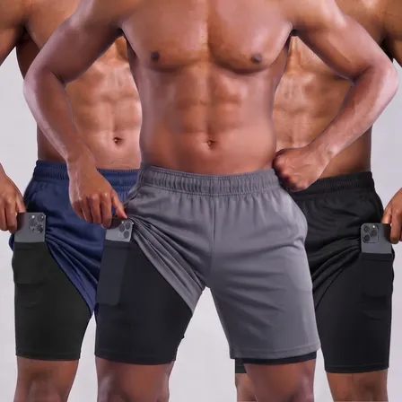 Kit 3 Shorts 2 Em 1 Duplo Bolso Para Academia Treino Corrida