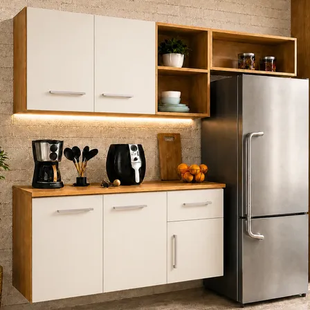 Armário De Cozinha Completo Com 5 Portas, Gaveta E Nichos Cinamomo/off White