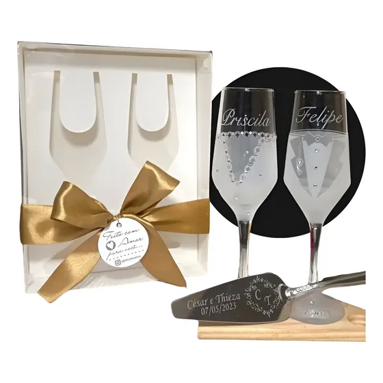 Kit Brindar Isis - 2 Taças Decoradas + Espátula Inox