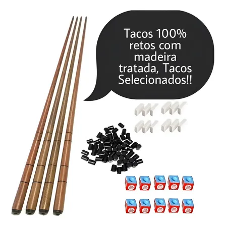 4 Tacos Bar Sinuca Snooker 1.45m + Virolas Giz Azul E Branco