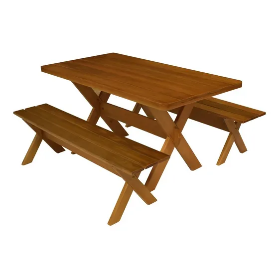 Conjunto Mesa Rústica Com Bancos + Madeira + Churrasco 1,60m