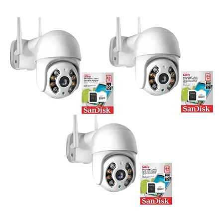 Kit 3 Camera Ip Icsee Wifi + 3 Cartão De Memória Sd 64gb Branco