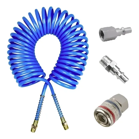 Kit Mangueira Espiral Azul 7 Mts Rosca 1/4 Macho E Conexões
