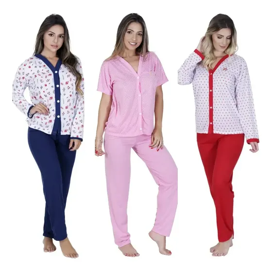 Kit 3 Pijama Botão 2 Manga Longa 1 Manga Curta Cirurgia
