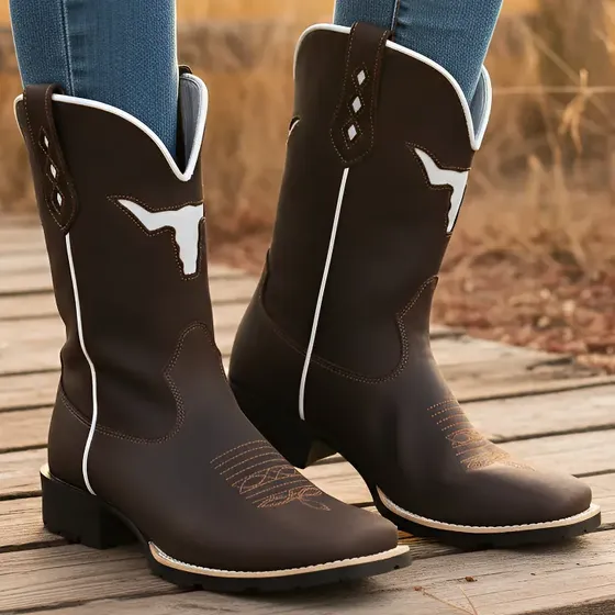 Bota Texana Em Couro Cano Longo Botina Bico Quadrado +brinde
