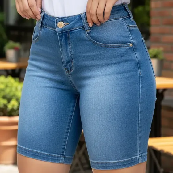 Bermudas Jeans Femininas Meia Coxa Barato Cintura Alta Lycra