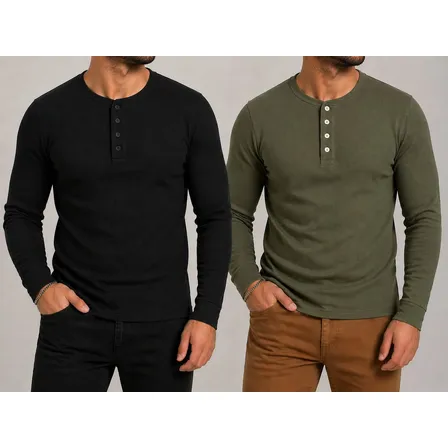 Kit 2 Camiseta Henley Masculina Mlonga 4 Botões - 6 Cores