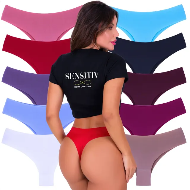 Calcinha Fio Dental Feminina Sexy Sem Costura Kit Com 10