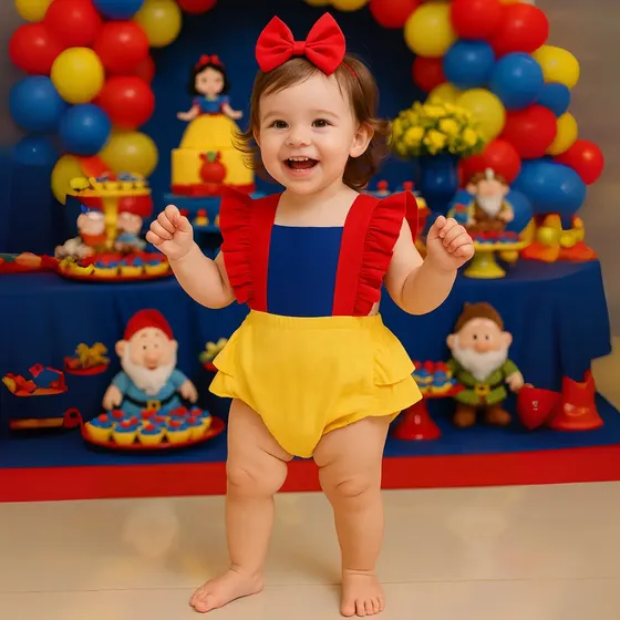 Romper Branca De Neve Com Tiara Mesversário Roupa Bebê Body